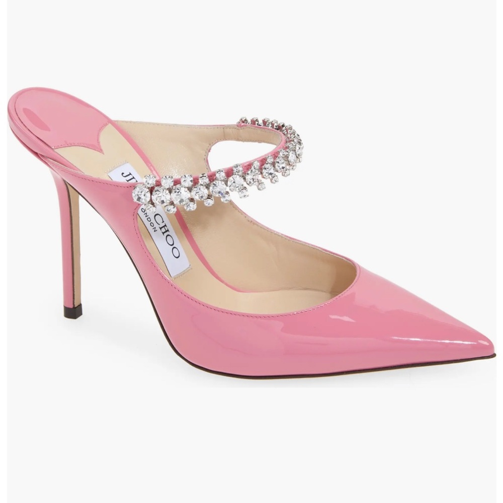 Jimmy Choo Bing Crystal Embellished Pointed Toe Patent Mule 100 candy pink New